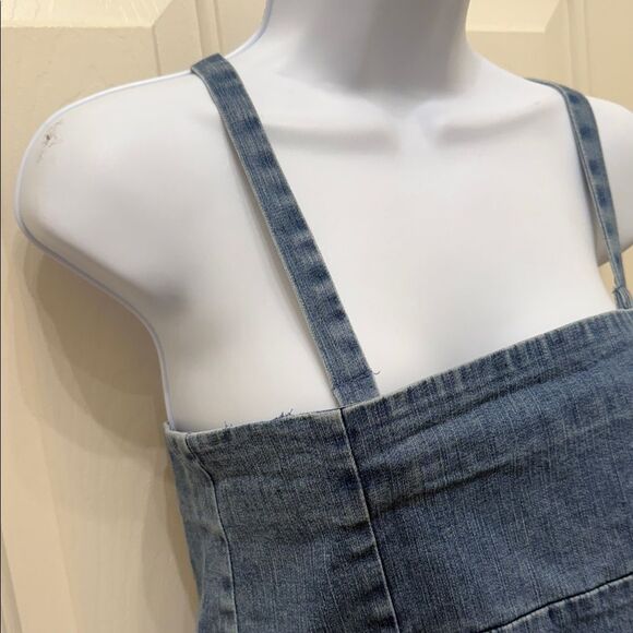 Lux Blue Denim Mini Dress Adjustable Straps Size 10 Square Neck Slit Back - Picture 4 of 12